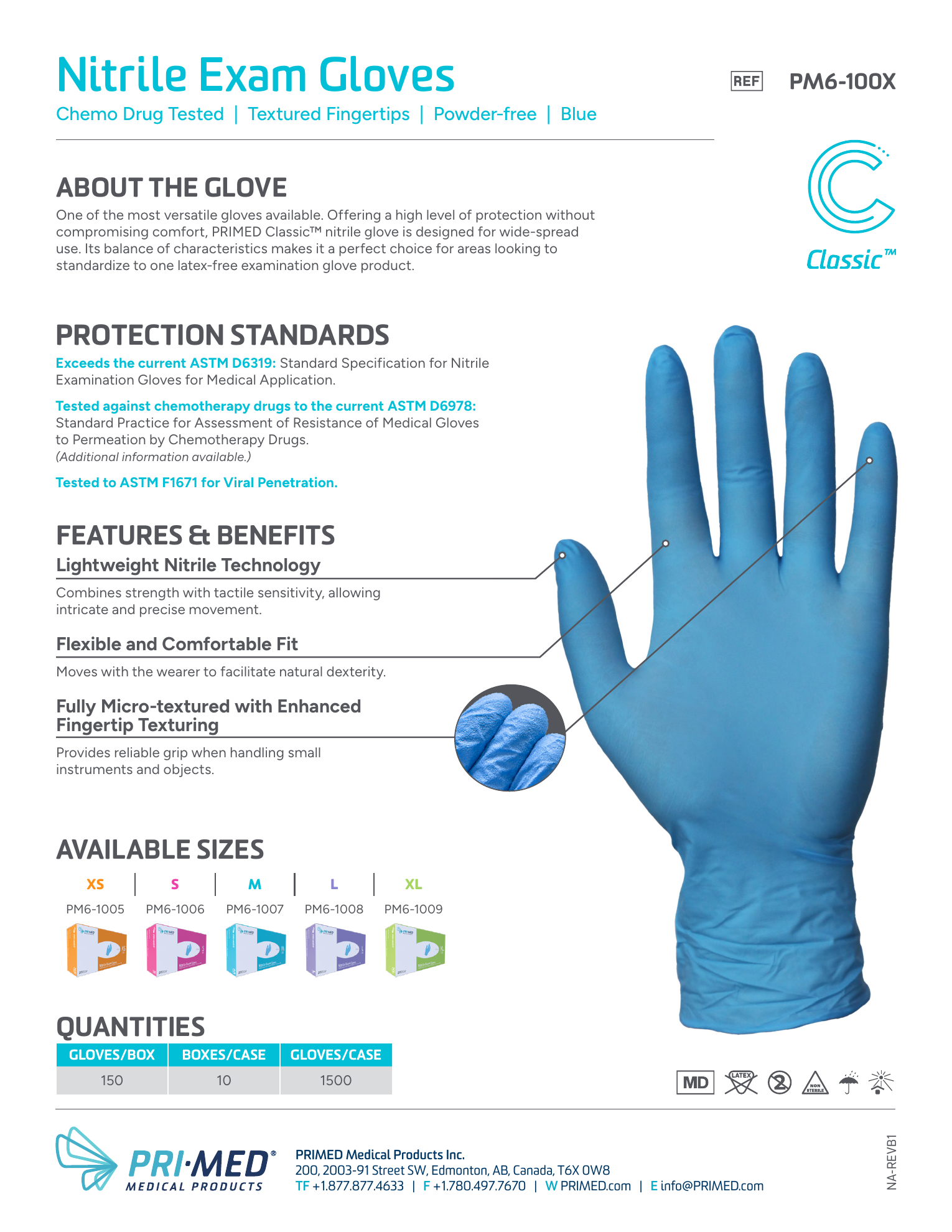 PRIMED Classic Nitrile Exam Gloves product information, protection standards and available sizes