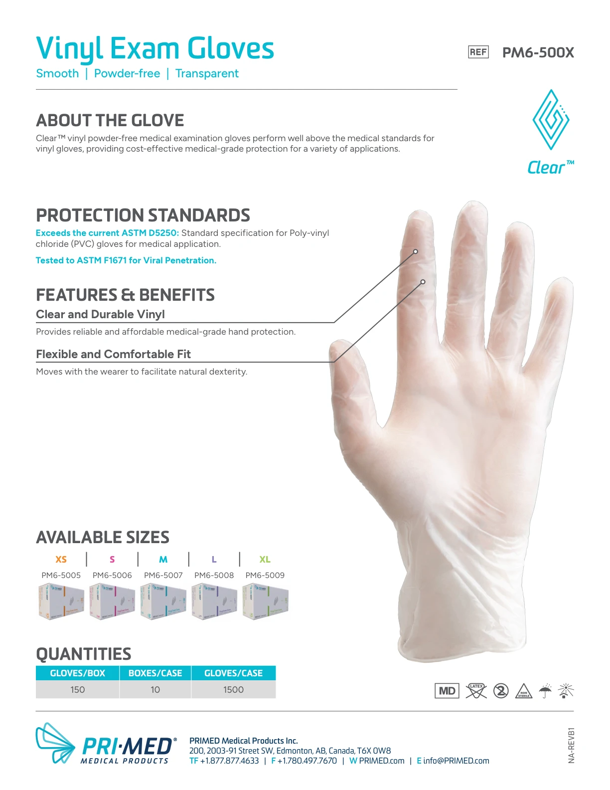 PRIMED Clear Vinyl Exam Gloves product information, protection standards and available sizes