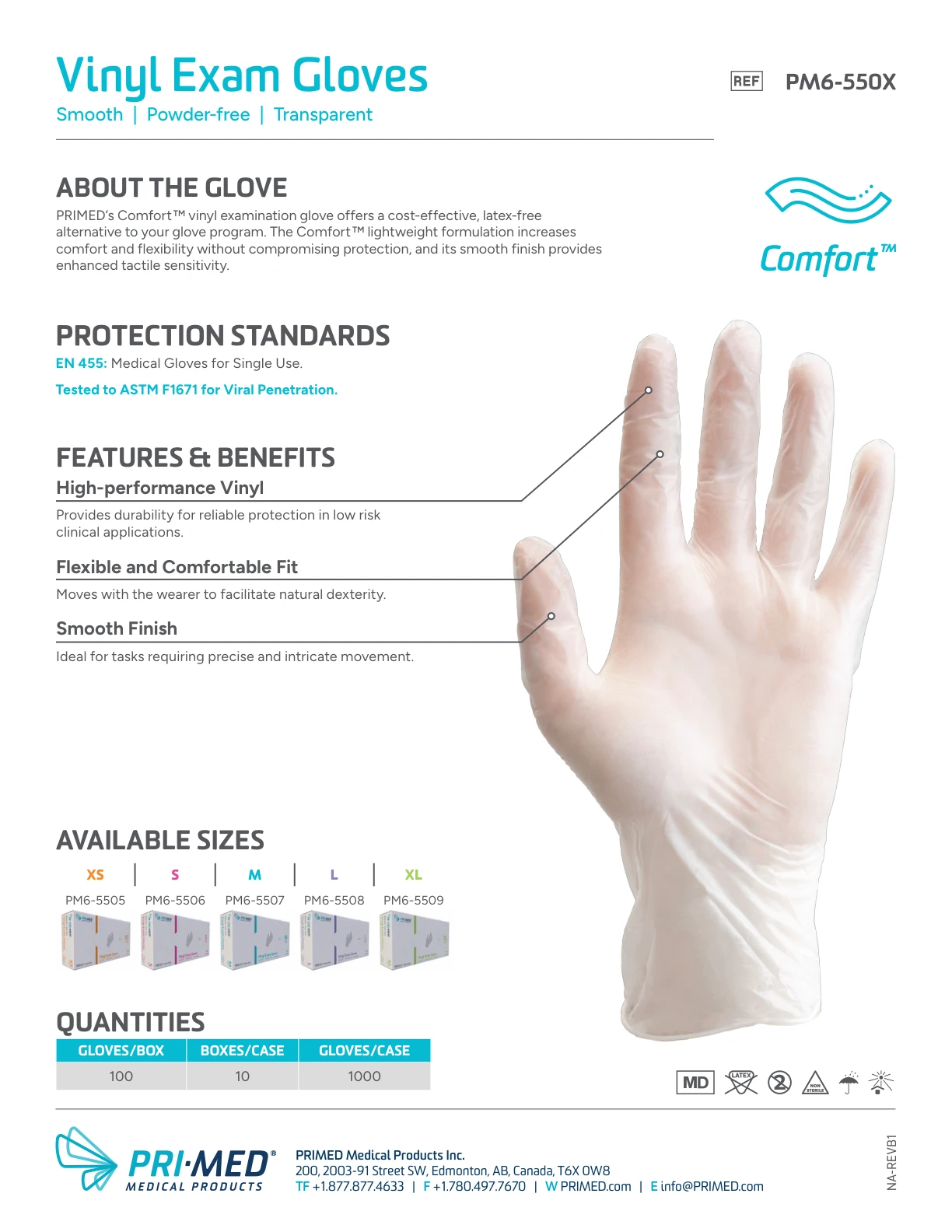 PRIMED Comfort Vinyl Exam Gloves product information, protection standards and available sizes