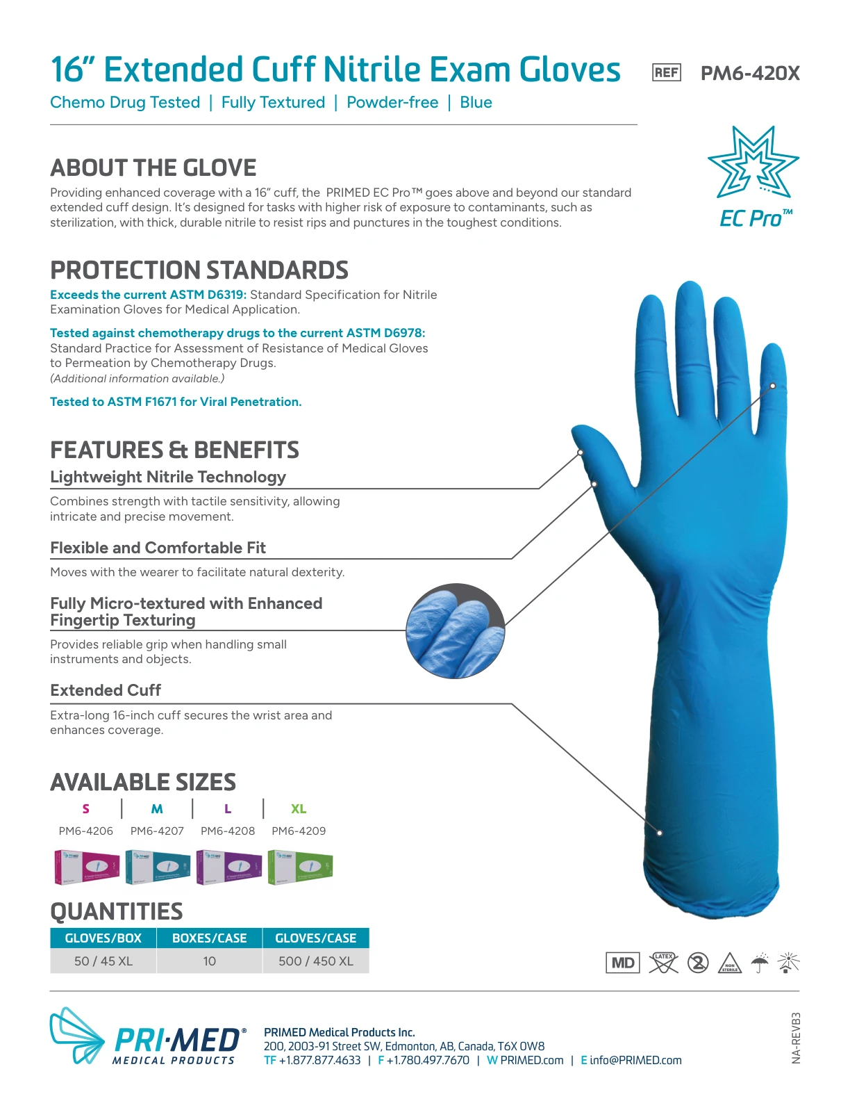 PRIMED EC Pro 16 inch Extended Cuff Nitrile Exam Gloves product information, protection standards and available sizes