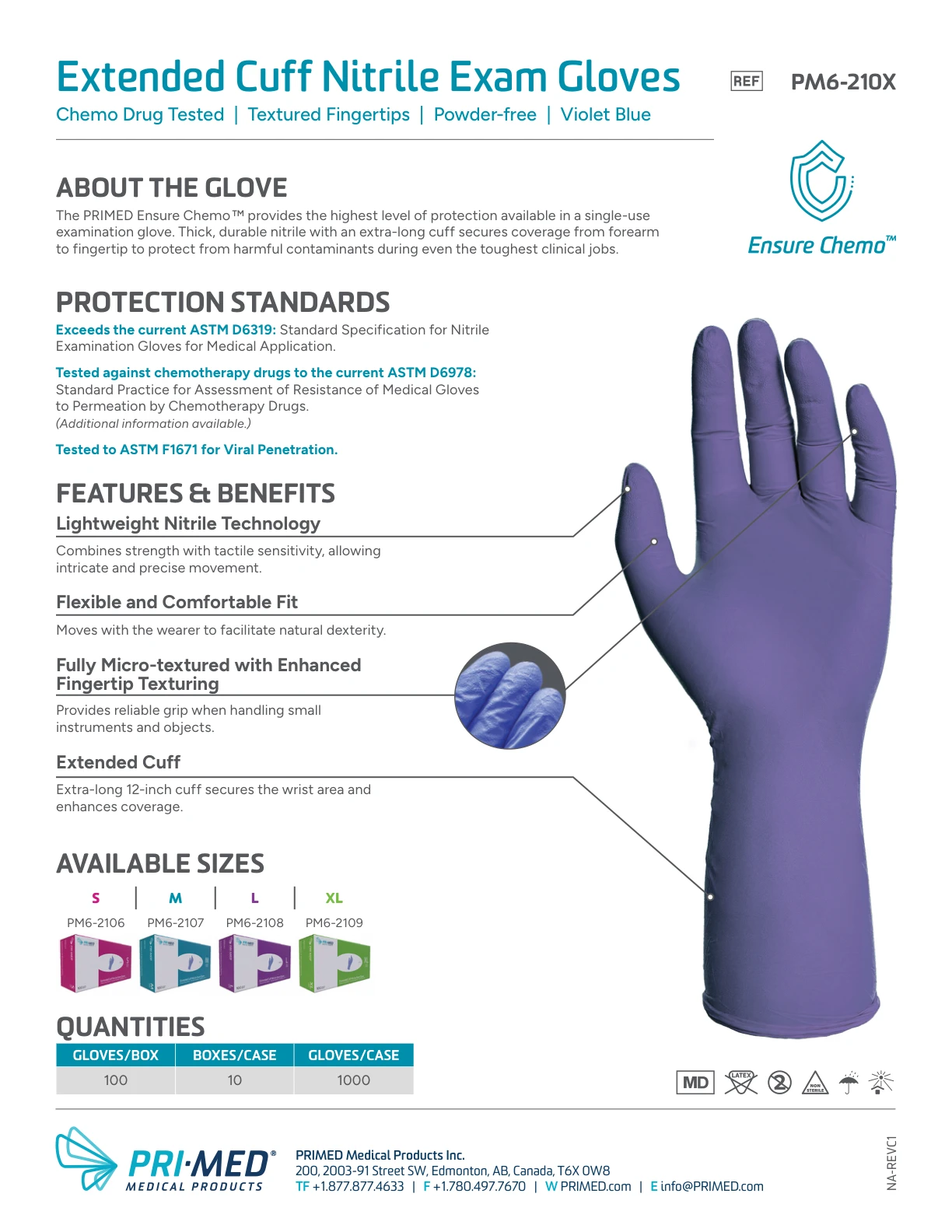 PRIMED Ensure Chemo Extended Cuff Nitrile Exam Gloves product information, protection standards and available sizes
