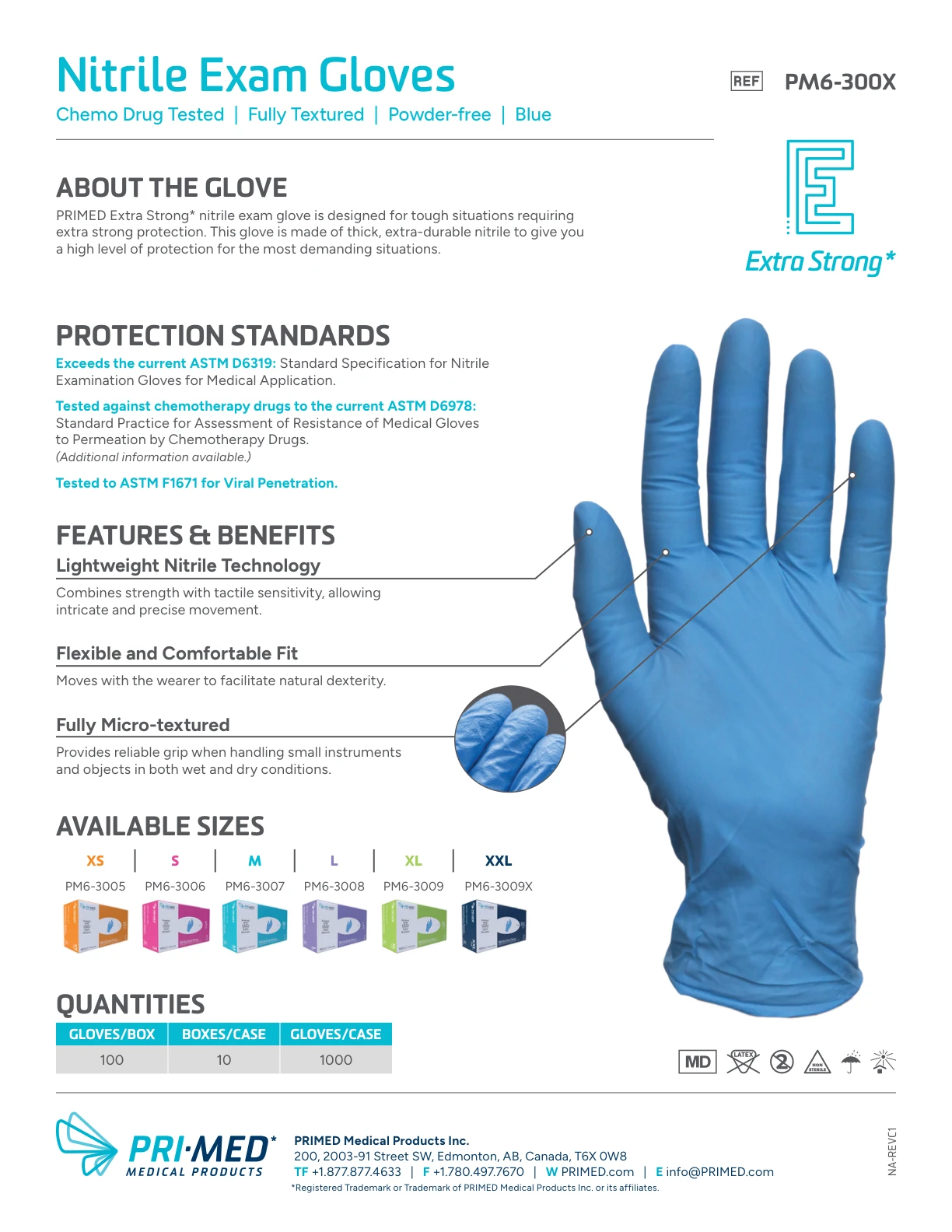 PRIMED Extra Strong Nitrile Exam Gloves product information, protection standards and available sizes
