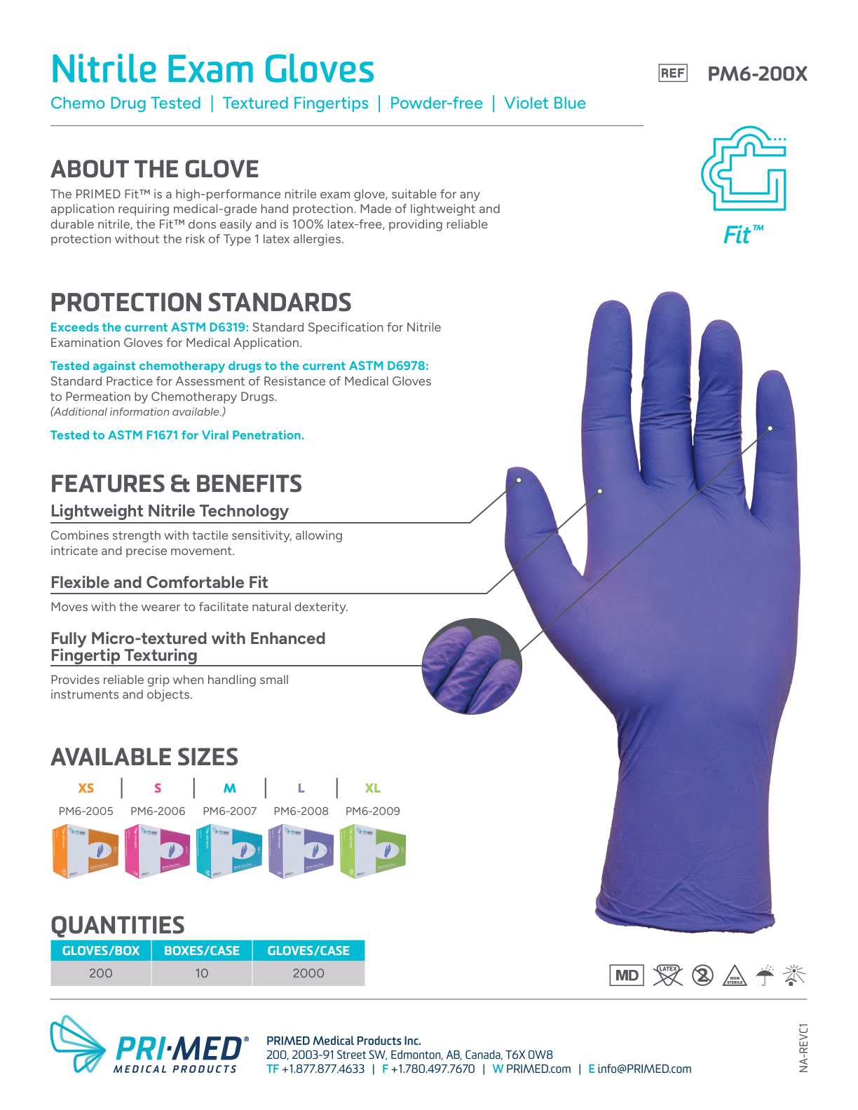 PRIMED Fit Nitrile Exam Gloves product information, protection standards and available sizes