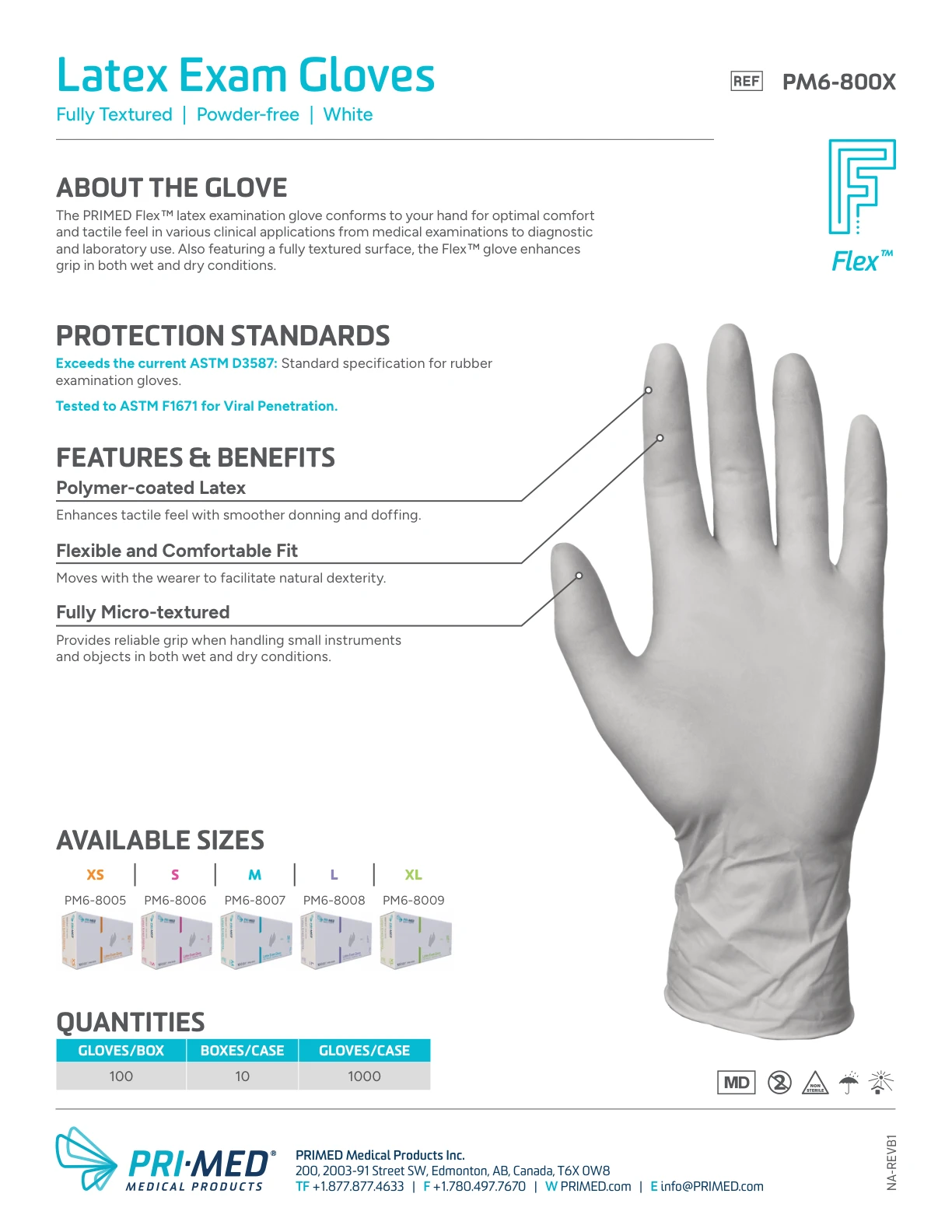 PRIMED Flex Latex Exam Gloves product information, protection standards and available sizes