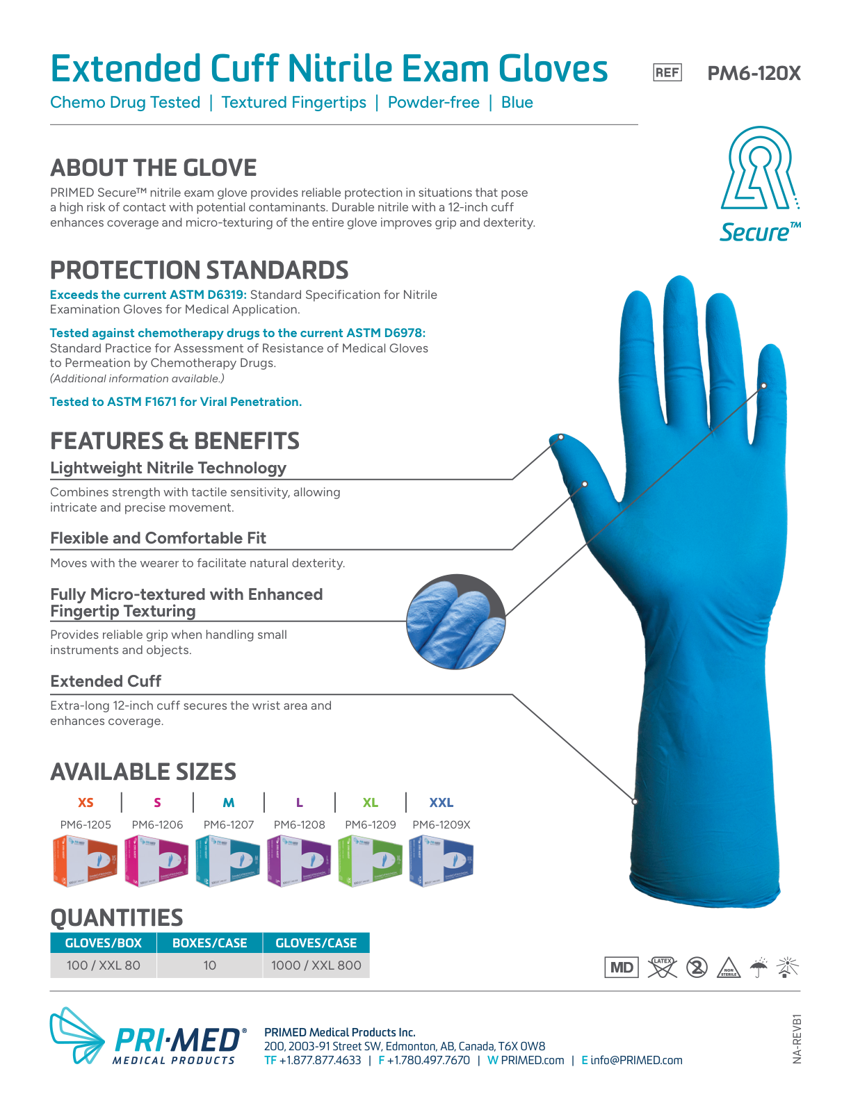 PRIMED Secure 12 inch Extended Cuff Nitrile Exam Gloves product information, protection standards and available sizes