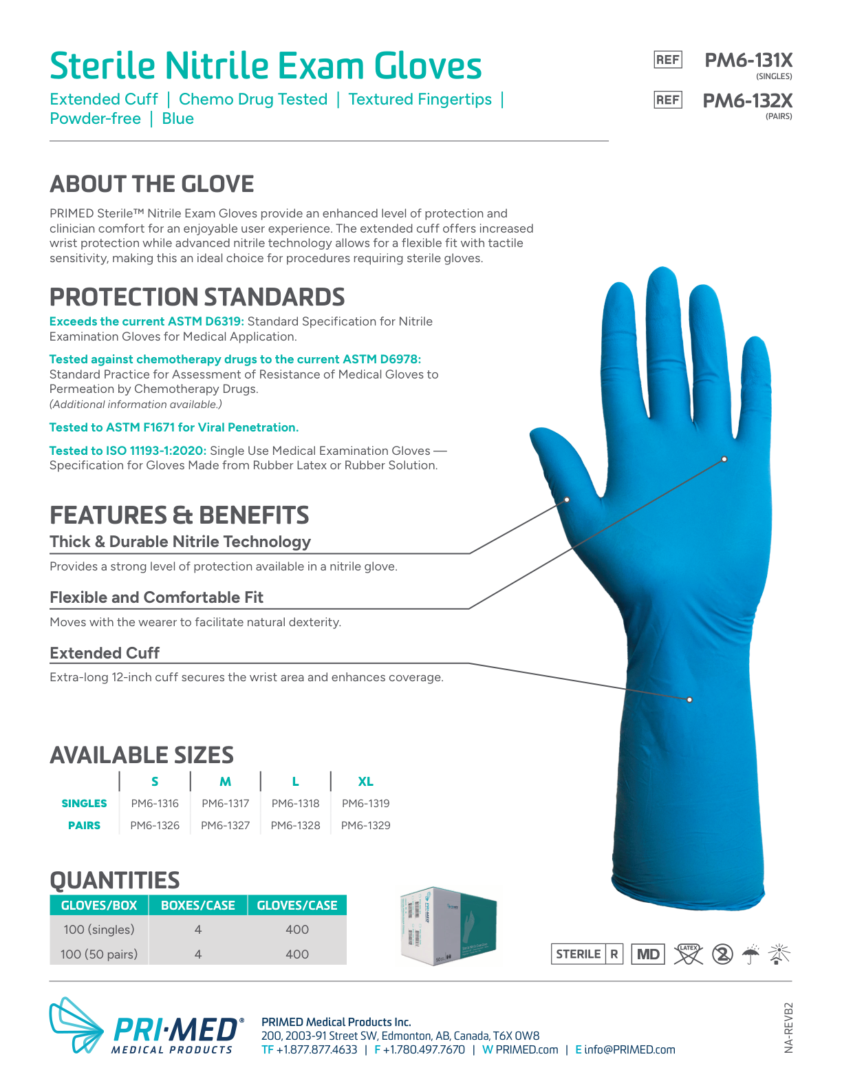 PRIMED Sterile Nitrile Exam Glove Pairs product information, protection standards and available sizes