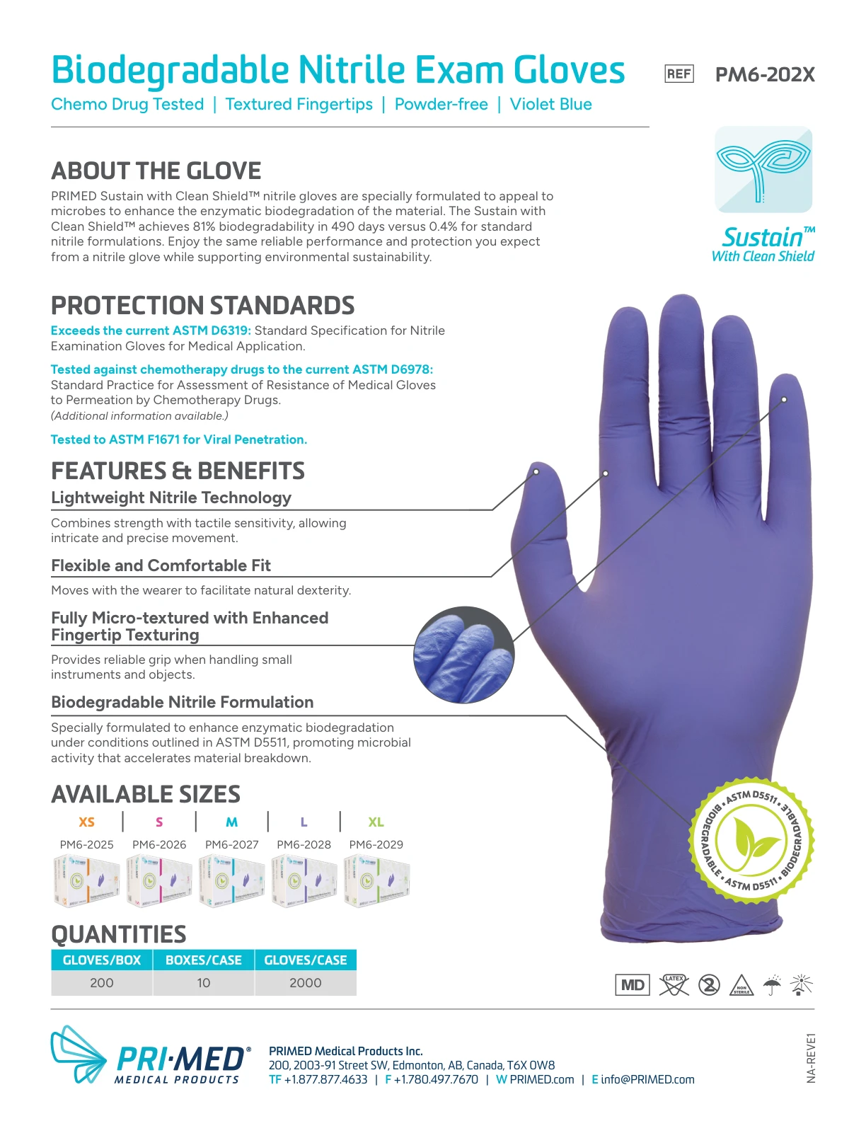 PRIMED Sustain with Clean Shield biodegradable nitrile exam gloves product information, protection standards and available sizes