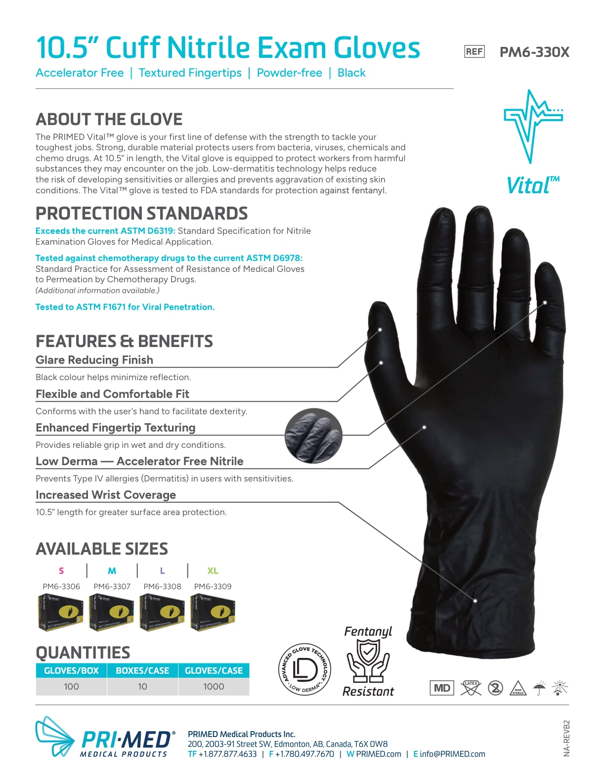 PRIMED Vital 10.5 inch Cuff Nitrile Exam Gloves product information, protection standards and available sizes
