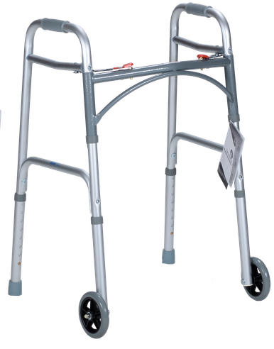 Adult Two Button Folding Walker with 5" Wheels, (32.5”-39.5”), 1pc/bag
