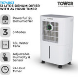 Tower T674003 Dehumidifier Extracts 12 Litres Per Day With 24 Hour Timer