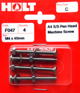 Holt S/Steel  Pan Head M/Screw M4 x 40mm Card of 4 
