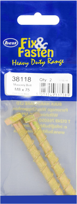 Best Hex Head Self Tapping Masonry Bolts M8x75 pack of 2