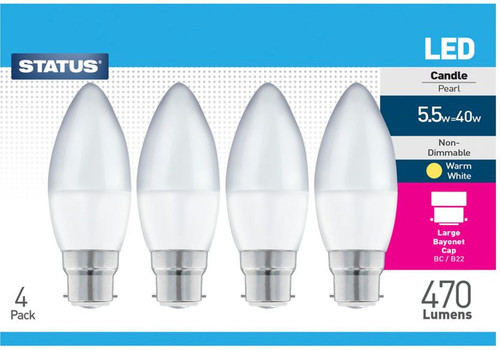 Candle LED BC Warm White Bulb 5w=40w Pack of 4