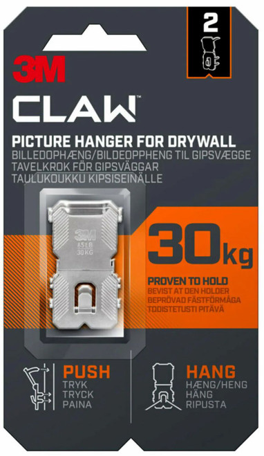 3M Claw Picture Hanger For Drywall Holds 30kg Card Of 2