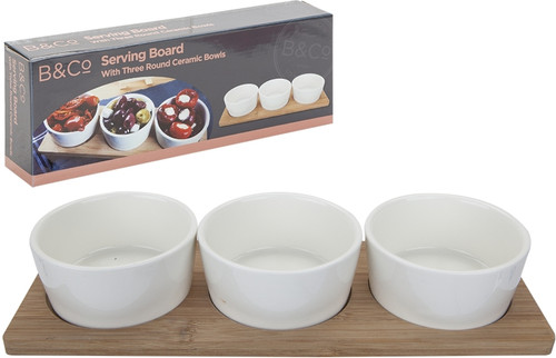 B&Co Serving Board with 3 Round Ceramic Bowls