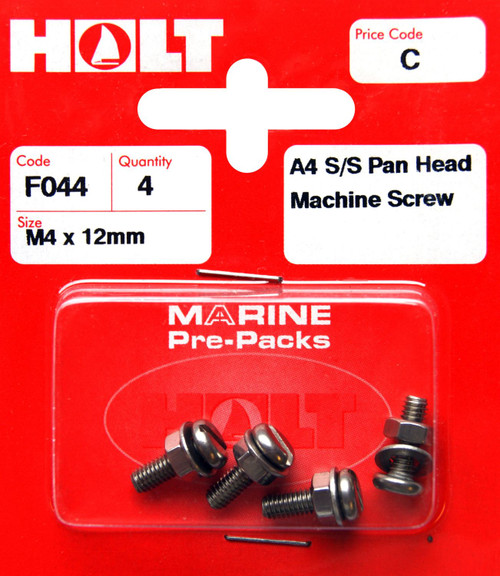 Holt S/Steel  Pan Head M/Screw M4 x 12mm Card of 4 