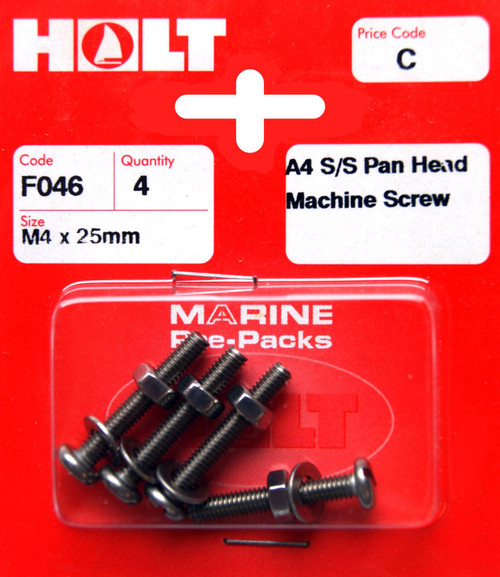 Holt S/Steel  Pan Head M/Screw M4 x 25mm Card of 4 