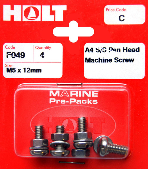 Holt S/Steel  Pan Head M/Screw M5 x 12mm Card of 4 