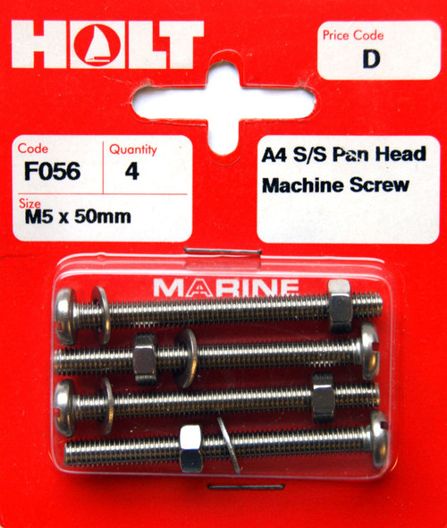 Holt S/Steel Pan Head M/Screw M5 x 50mm Card of 4 