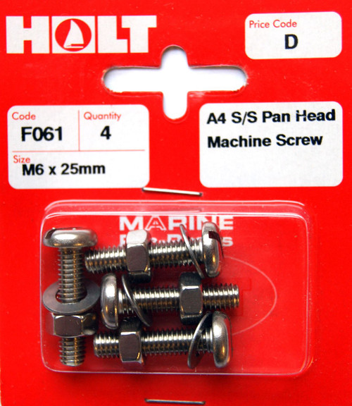 Holt S/Steel  Pan Head M/Screw M6 x 25mm Card of 4 