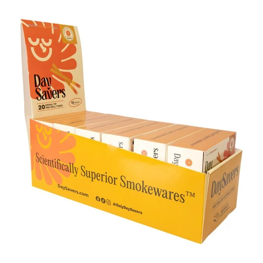 DaySavers Display Case - DaySavers Half Gram 1 1/4 Natural Brown Artisan Pre Rolled Tubes with Spiral Filter Tips [12 Packs in Case - 20 Tubes Per Pack] 