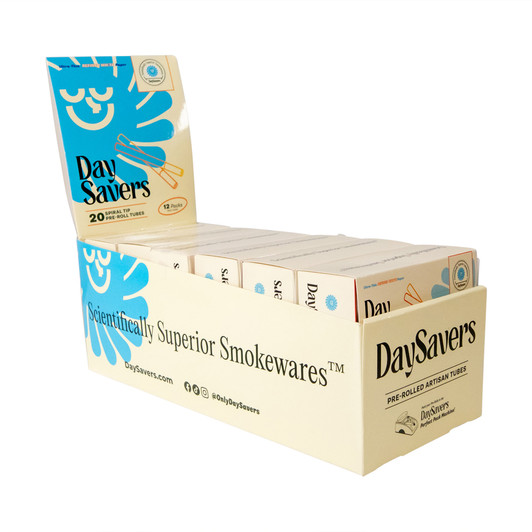 Display Case - DaySavers Half Gram 1 1/4 Refined White Artisan Pre Rolled Tubes with Spiral Filter Tips [12 Packs in Case - 20 Tubes Per Pack]