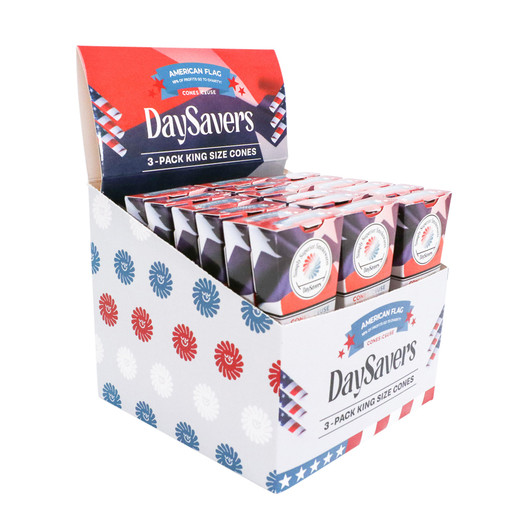 Display Box - DaySavers 1 Gram King Size American Flag Pre Rolled Cones [3 Cones per Pack, 24 Packs in Box]