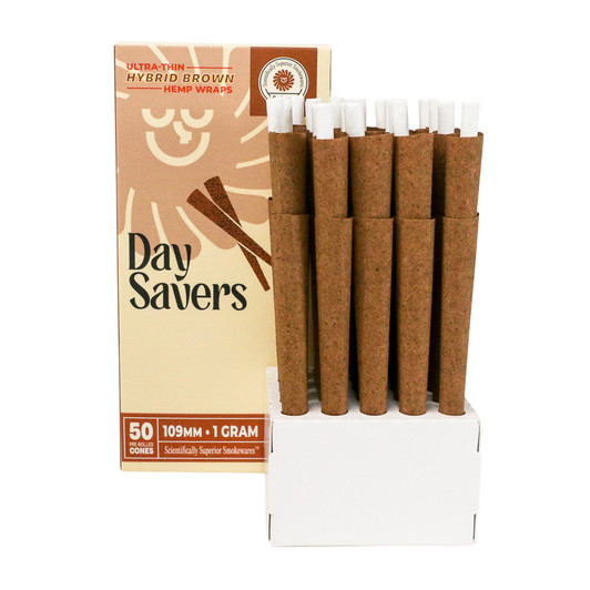 DaySavers 1 Gram King Size Brown Hybrid Hemp Blunt Wrap Pre Rolled Cones [50 Cone Box]