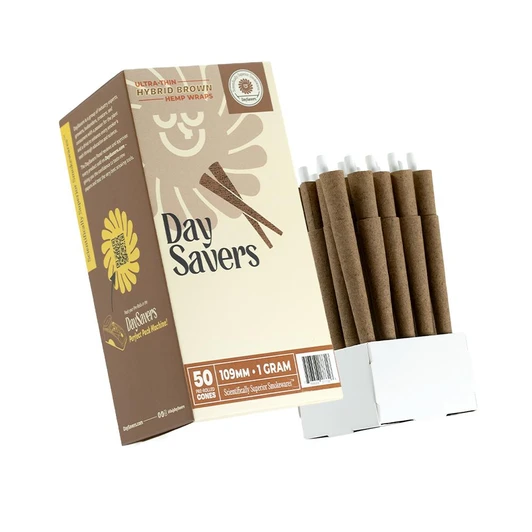  DaySavers 1 Gram King Size Brown Hybrid Hemp Blunt Wrap Pre Rolled Cones [50 Cone Box] 
