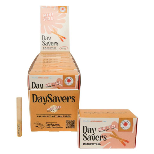 DaySavers Display Case - DaySavers Minis Natural Brown Artisan Pre Rolled Tubes with Spiral Filter Tips [12 Packs in Case] [20 Tubes Per Pack] 