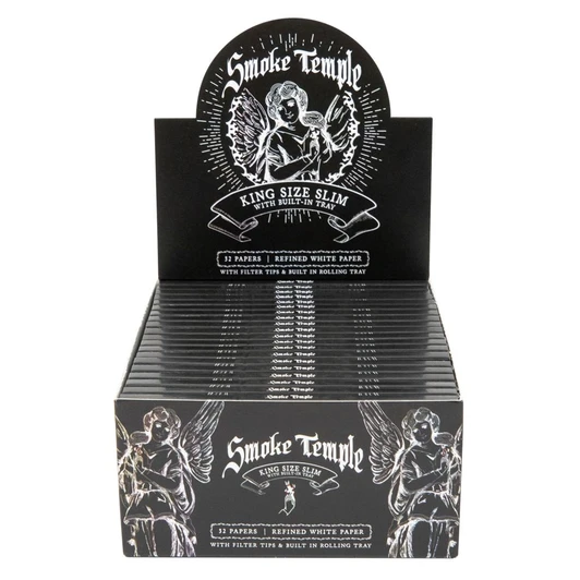 Smoke Temple Display Box - Smoke Temple King Size White Rolling Papers with Filter Tips and Rolling Tray [20 Packs per Case, 32 Papers per Pack] 