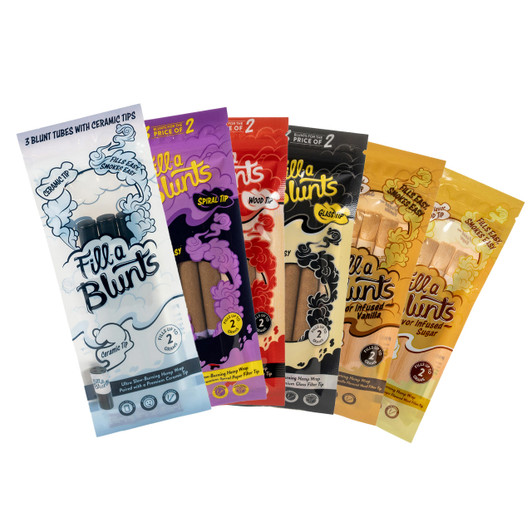 Fill-a Blunts 2 Gram Fatty Premium Blunt Tubes Bundle - Glass, Ceramic, Wood, and Spiral Tips [6 Packs - 3 Blunt Tubes Each]