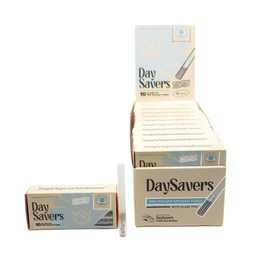 DaySavers Display Box - 84mm/30mm Refined White Artisan Tubes with Glass Tip [22 Packs in Case - 10 Tubes Per Pack]