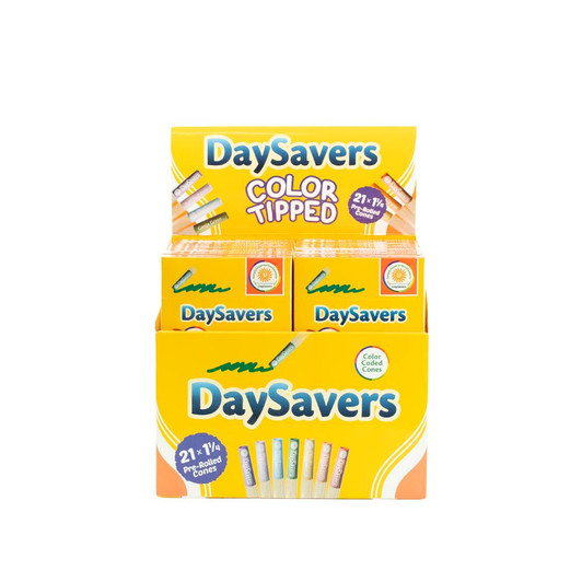  DaySavers Display Box - 84mm/26mm Color Tip  Pre-Rolled Cones - Refined White [20 Packs - 21 Cones per Pack] 