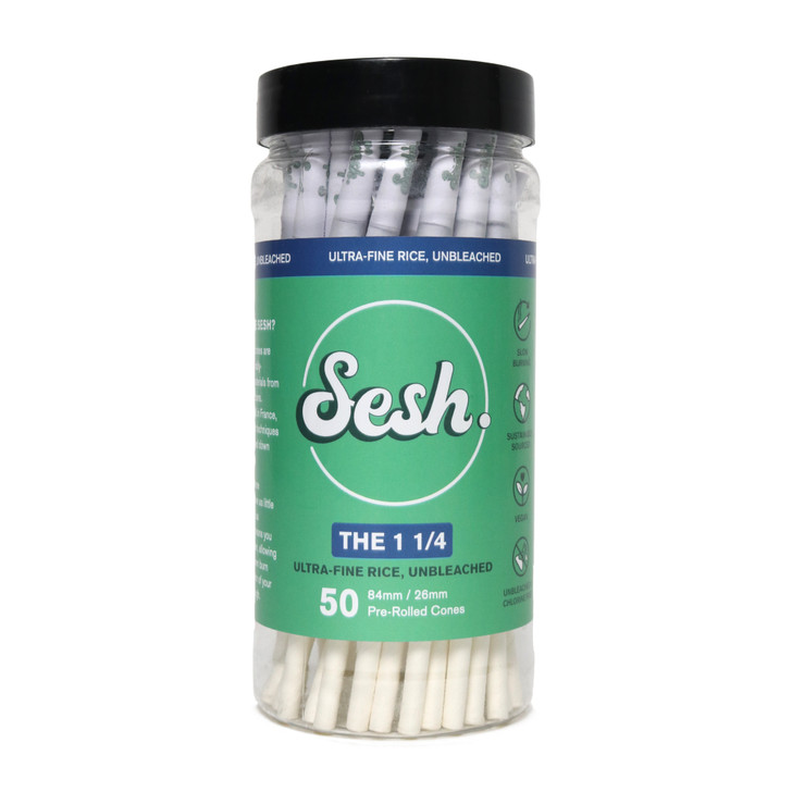 Sesh Ultra-fine Rice, Unbleached Pre-rolled Cones -84mm-OAQ - jar of 50