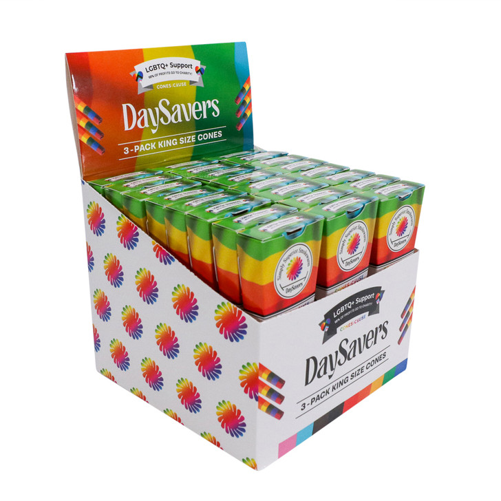 DaySavers 109mm LGBTQ Pre-Rolled Cones Display Box [3 Cones per Pack - 24 Packs in Box]