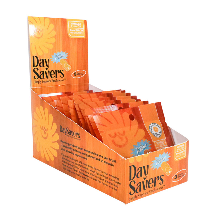 DaySavers 9mm Vanilla Flavor Wood Tips Display Box [3 Tips per Pack - 20 Packs per Box]