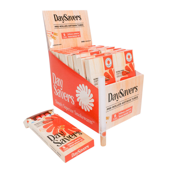 DaySavers 109mm Pre-Roll Tubes with a Natural Wood Tip - Display Box [20 Packs - 5 Tubes per Pack]