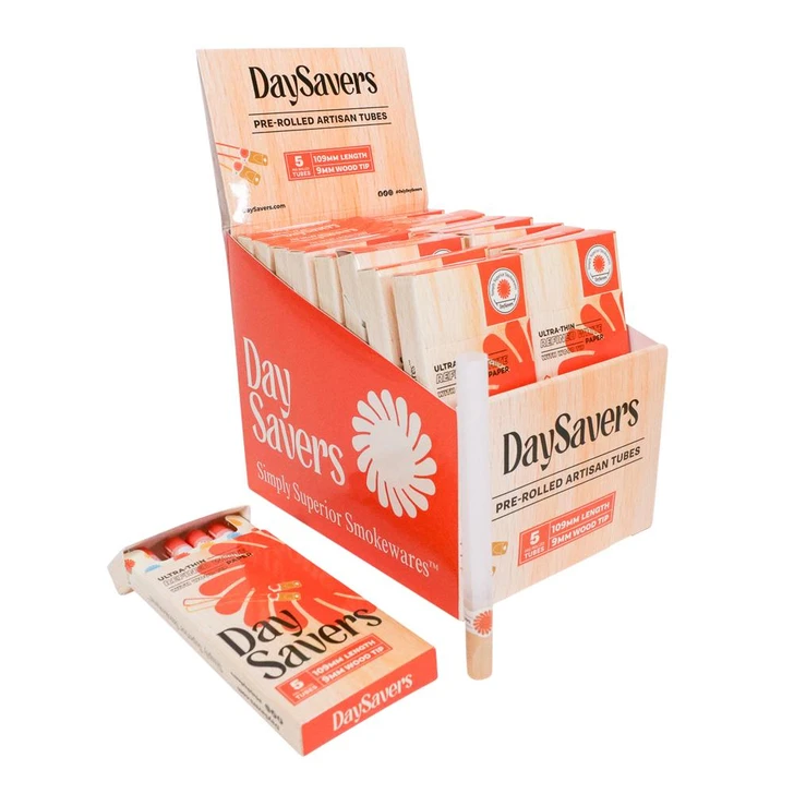 DaySavers Display Box - DaySavers 1 Gram King Size Pre Rolled Tubes with Natural Wood Filter Tips [20 Packs, 5 Tubes per Pack] 