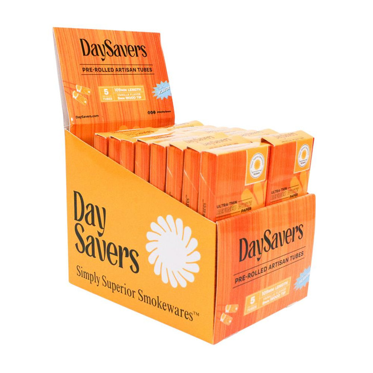 DaySavers Display Box - DaySavers 1 Gram King Size Pre Rolled Tubes with Vanilla Flavor Wood Filter Tips [20 Packs, 5 Tubes per Pack] 