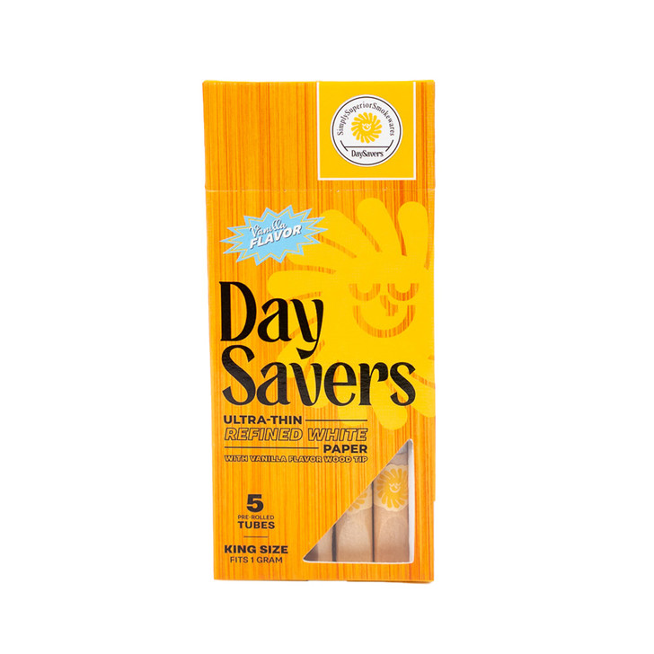 DaySavers 1 Gram King Size Pre Rolled Tubes with Vanilla Flavor Wood Filter Tips - Refined White [5 Tube Pack]