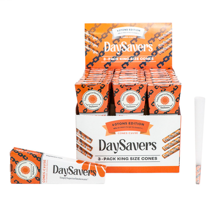 DaySavers 109mm Pre-Rolled Cones - 40 Tons Edition - Display Box [3 Cones per Pack - 24 Packs in Box]