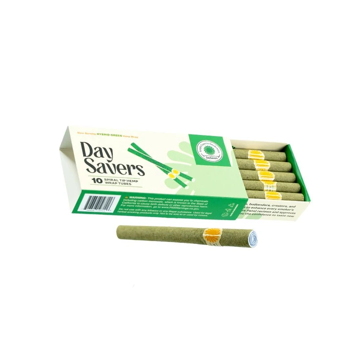  DaySavers Half Gram 1 1/4 Green Hybrid Hemp Blunt Wrap Artisan Pre Rolled Tubes with Spiral Filter Tips [Pack of 10 Tubes] 