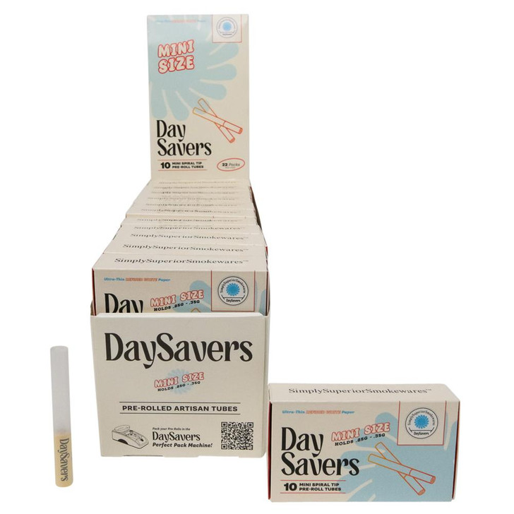 DaySavers Display Case - DaySavers Minis Refined White Artisan Pre Rolled Tubes with Spiral Filter Tips [22 Packs in Case] [10 Tubes Per Pack] 