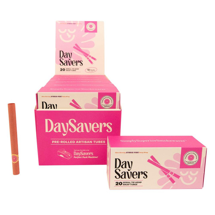 DaySavers Display Case - DaySavers Half Gram 1 1/4 Pink Hybrid Hemp Wrap Artisan Pre Rolled Tubes with Spiral Filter Tips [Case of 12 Packs, 20 Tubes per Pack] 