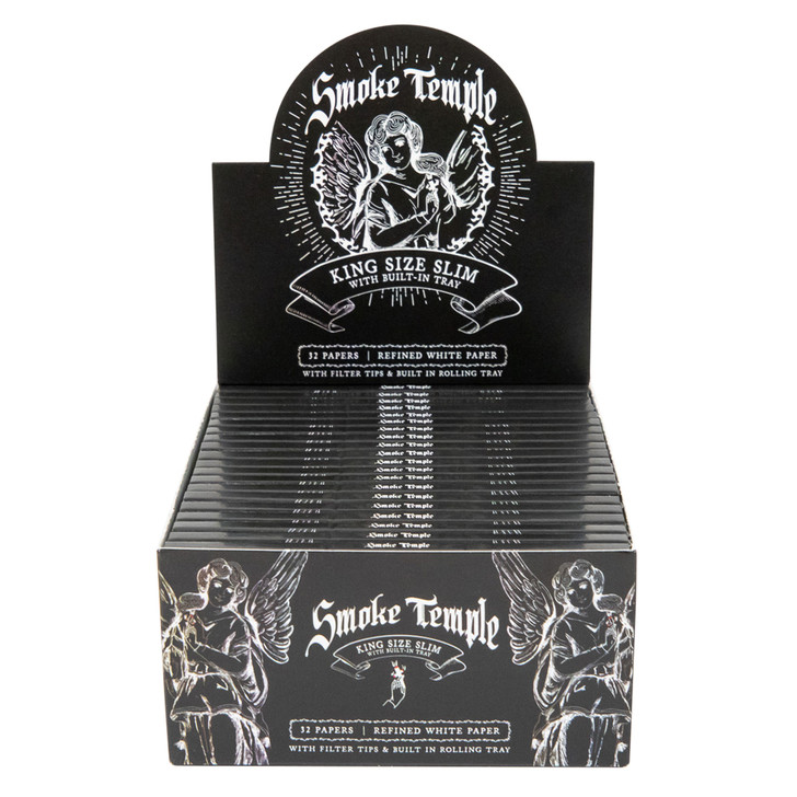 Display Box - Smoke Temple King Size White Rolling Papers with Filter Tips and Rolling Tray [20 Packs per Case, 32 Papers per Pack]