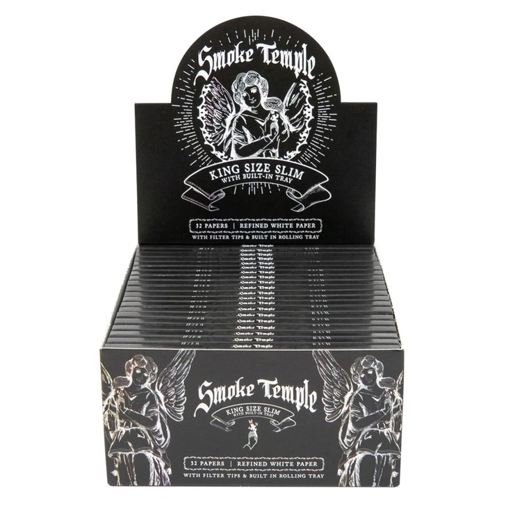 Smoke Temple Display Box - Smoke Temple King Size White Rolling Papers with Filter Tips and Rolling Tray [20 Packs per Case, 32 Papers per Pack] 