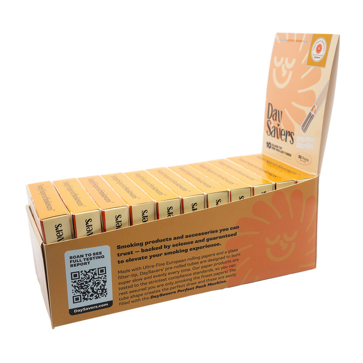 DaySavers Display Box - 84mm/30mm Natural Brown Artisan Tubes with Glass Tip [22 Packs Per Case - 10 Tubes Per Pack]