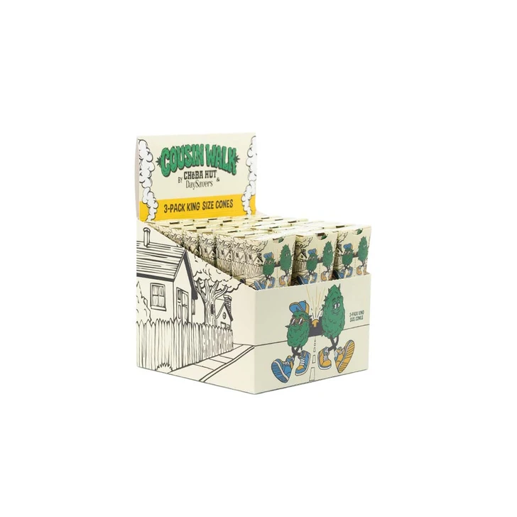 DaySavers Display Box - DaySavers x Cheba Hut - Cousin Walk King Size Refined White Pre-Rolled Cones [24 packs - 3 cones per pack] 