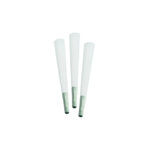 three king size white paper pre-rolled cones fanned out with green toasted filter tips